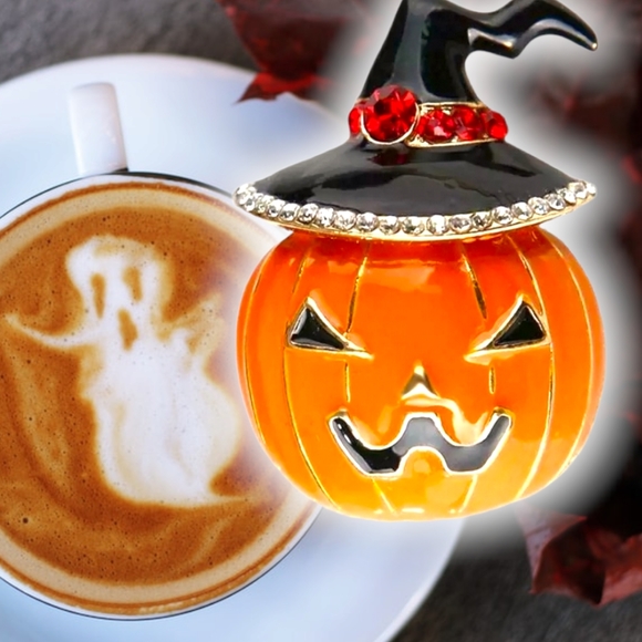 Gold plated red and white crystal Jack o lantern witch necklace/brooch - Picture 7 of 16